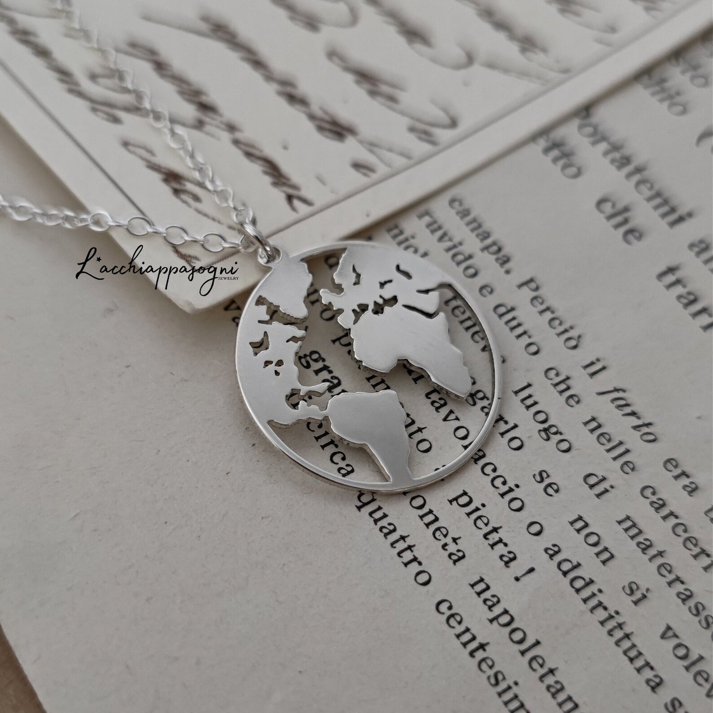 Collana Mondo, Collana Terra, Cartina del Mondo, Carta geografica, Collana Globo Terrestre, Collana Mappamondo, Collana Globo, Argento 925