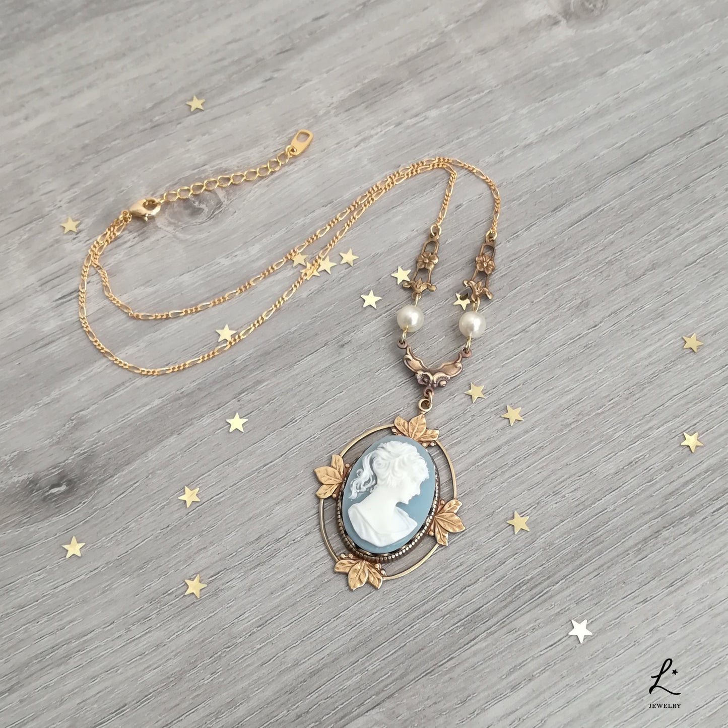 Victorian Cameo Necklace with floral accents, improved silver