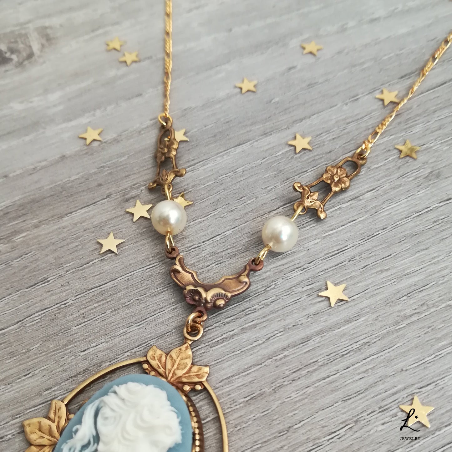 Victorian Cameo Necklace with floral accents, improved silver