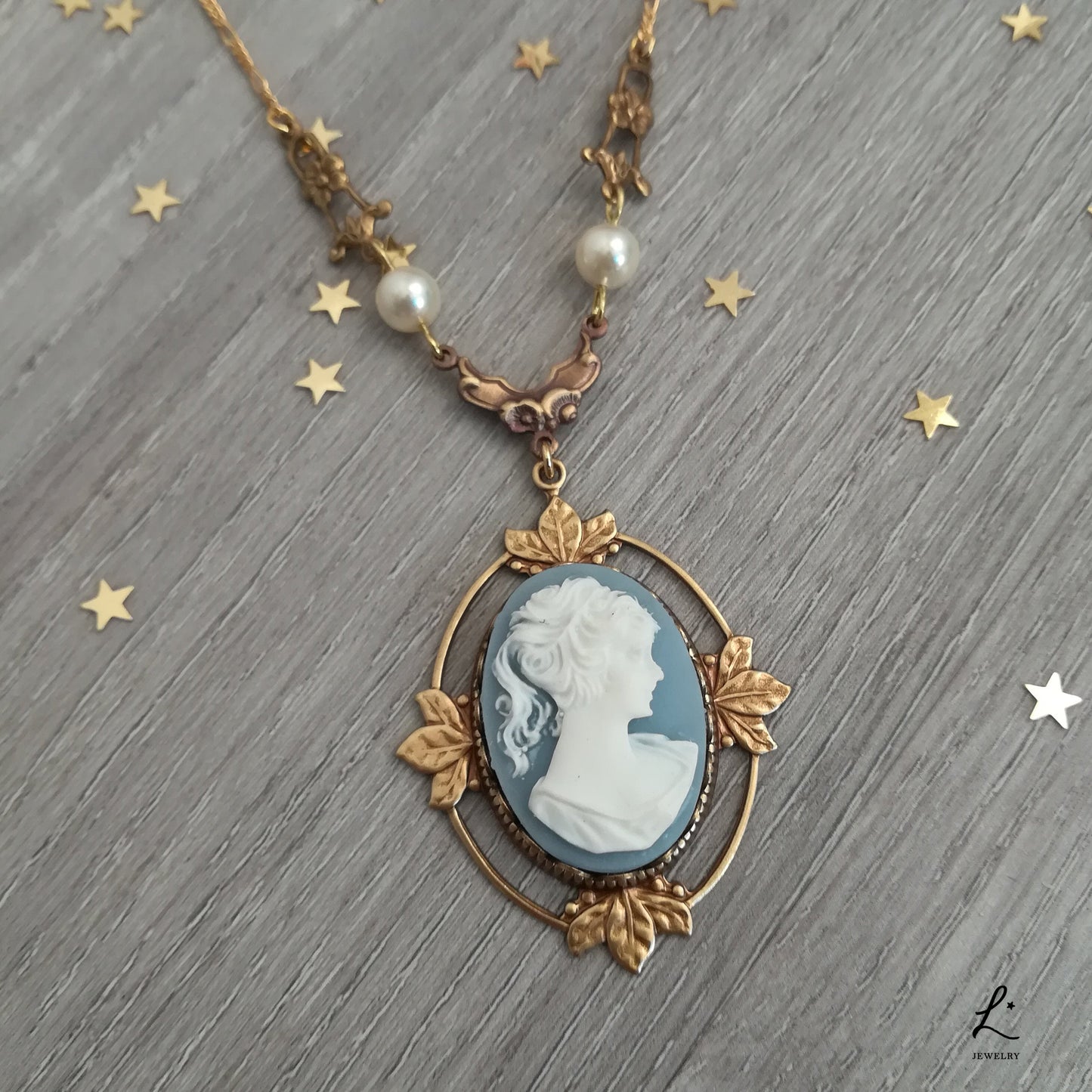 Victorian Cameo Necklace with floral accents, improved silver