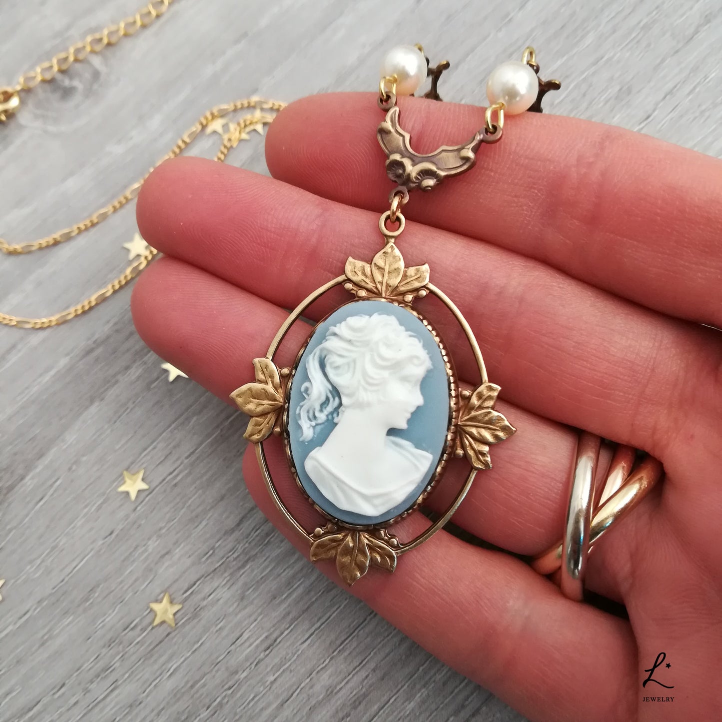 Victorian Cameo Necklace with floral accents, improved silver