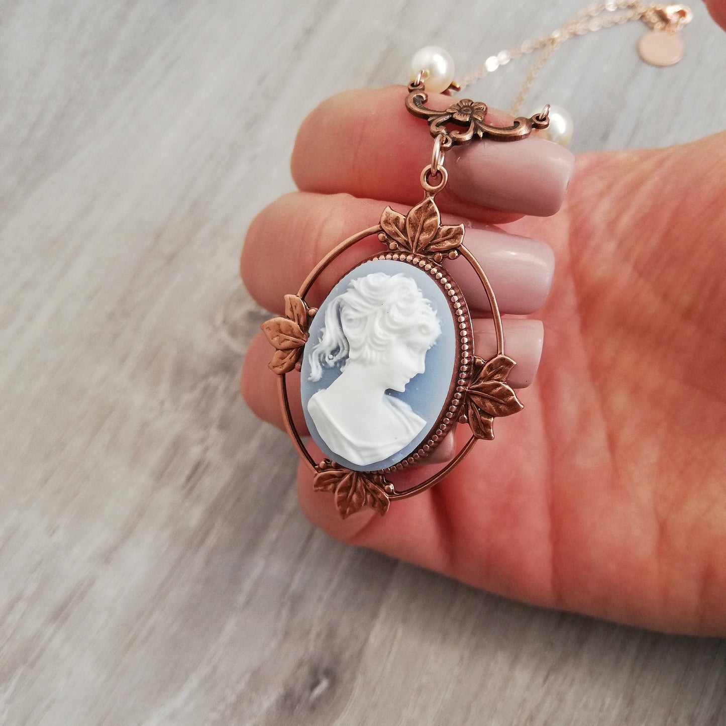 Victorian Cameo Necklace with floral accents, Rose Gold Version