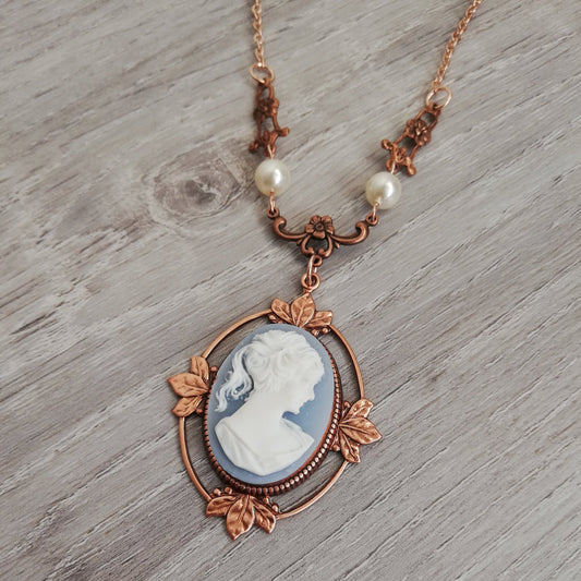 Victorian Cameo Necklace with floral accents, Rose Gold Version