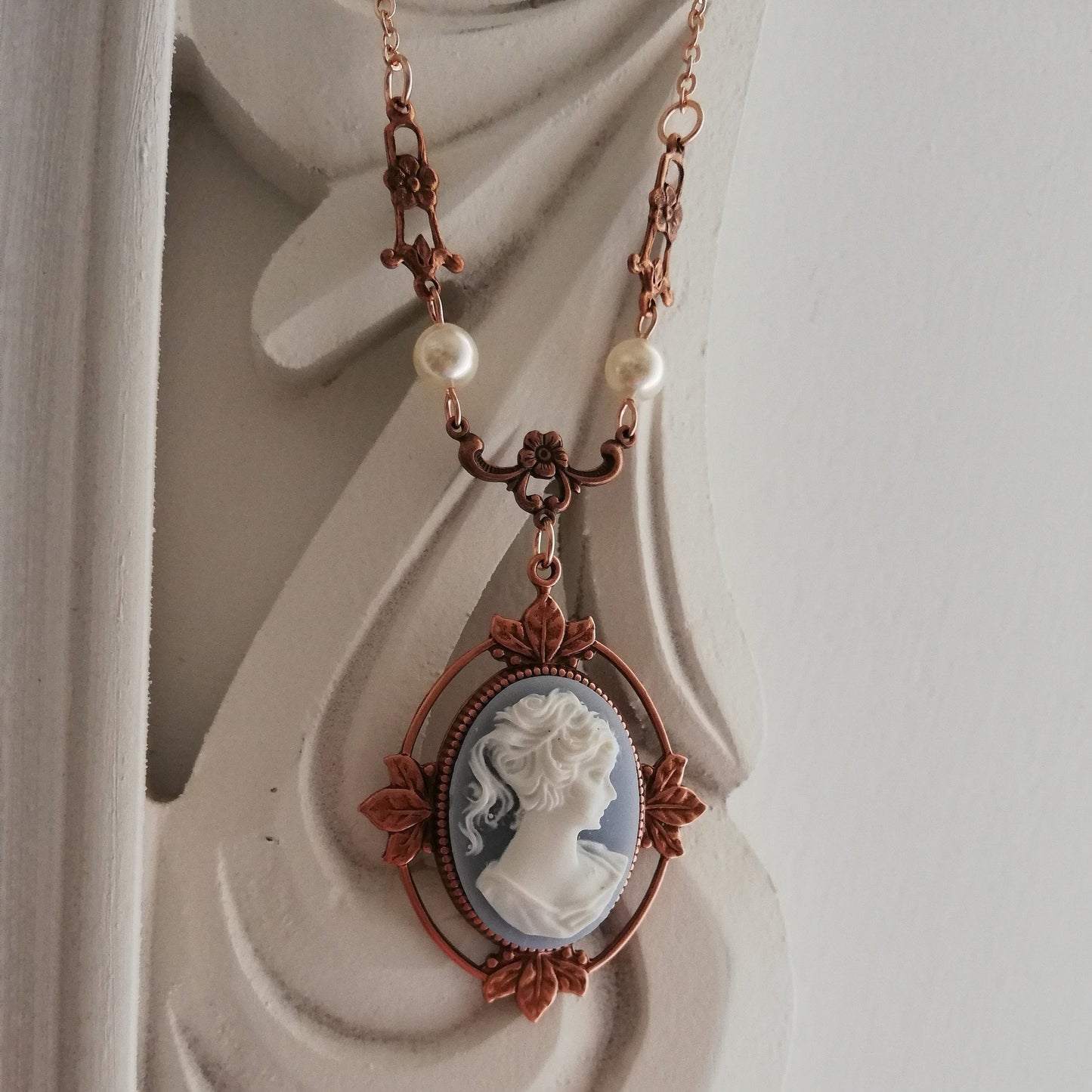 Victorian Cameo Necklace with floral accents, Rose Gold Version