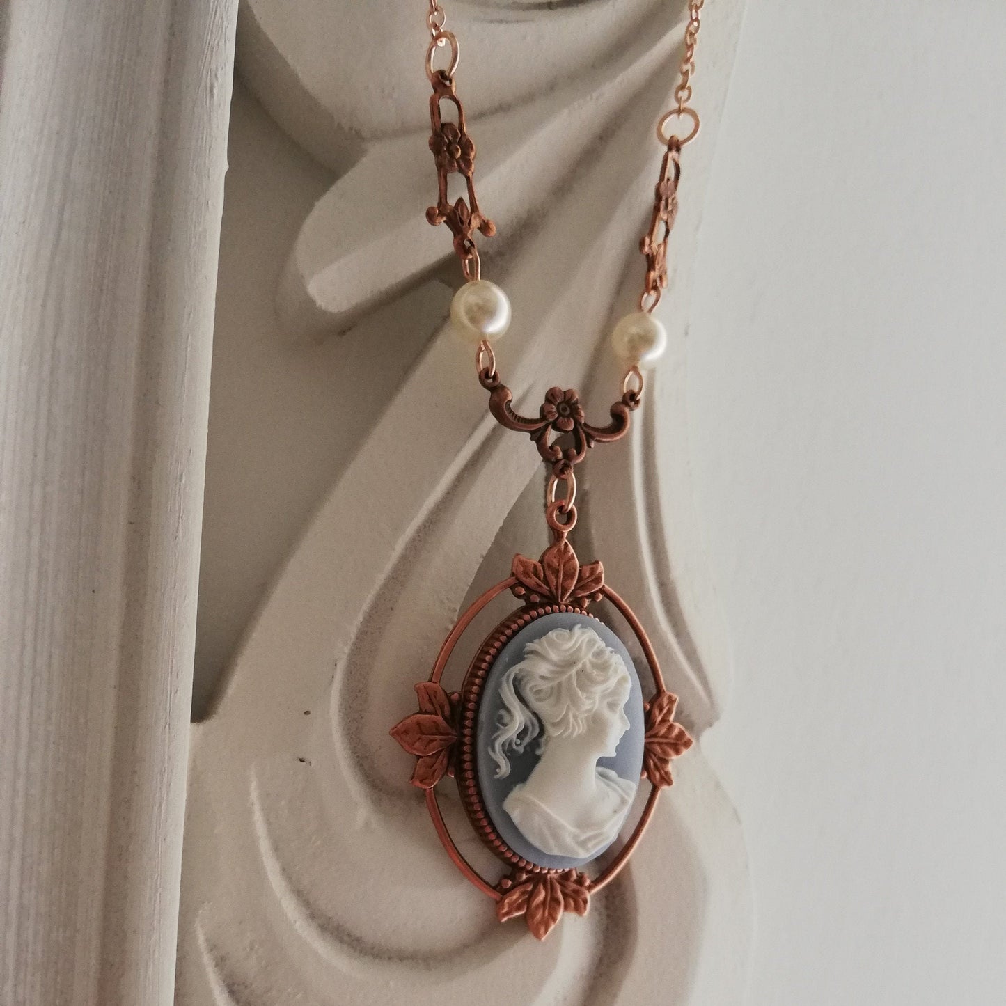 Victorian Cameo Necklace with floral accents, Rose Gold Version