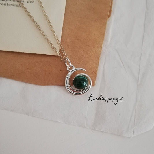 Witchy Moon Necklace, Wolf inspired Green Stone Necklace, Half Moon Necklace, version 2