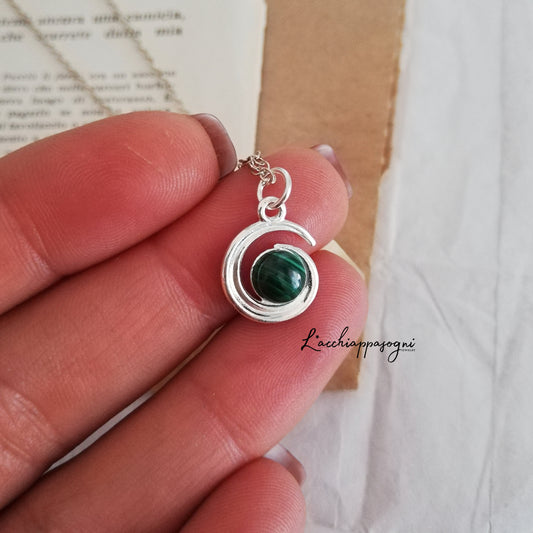 Witchy Moon Necklace, Wolf inspired Green Stone Necklace, Half Moon Necklace, version 2