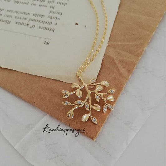 Collana "Albero della Vita" con foglie e cristalli