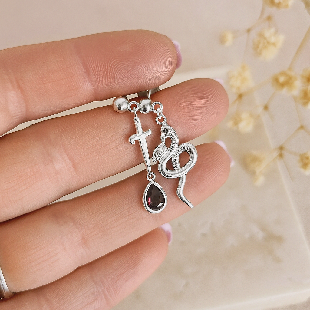 Snake and Dagger with Blood Drop Earrings, Mismatched Serpent and Sword Ruby Red Blood Stud Earrings // DORIAN