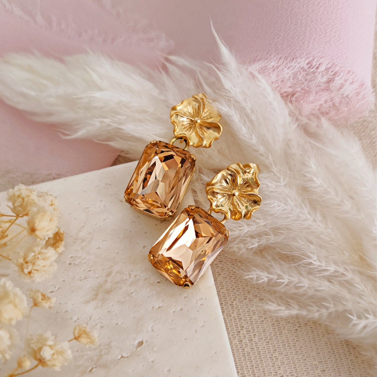 Bridal Floral Light Peach Earrings, Chandelier Floral Bridesmaids Earrings, Gold Crystal Earrings, Aurora Crystal Champagne // SARA