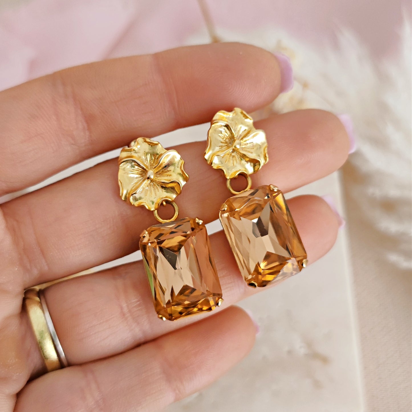 Bridal Floral Light Peach Earrings, Chandelier Floral Bridesmaids Earrings, Gold Crystal Earrings, Aurora Crystal Champagne // SARA