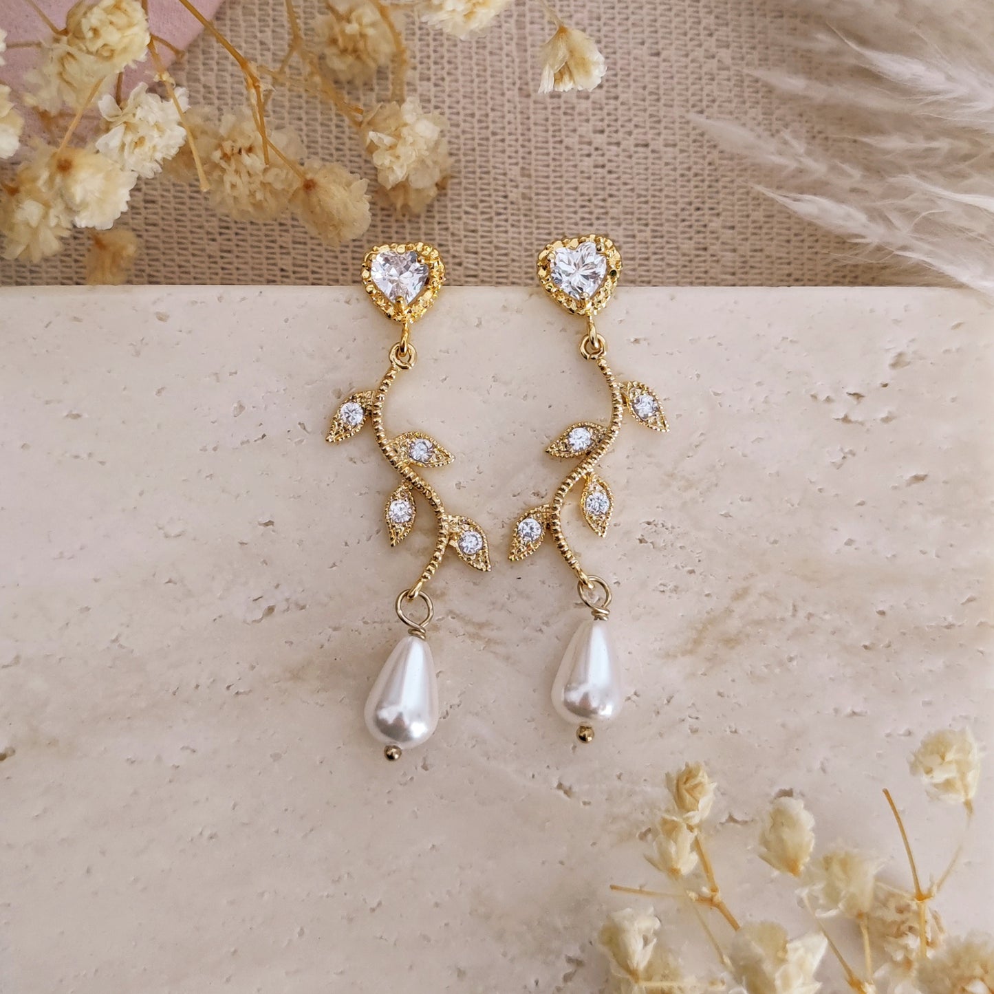 Heart Drop earrings with branches, crystals and drop pearls // MAURELLE