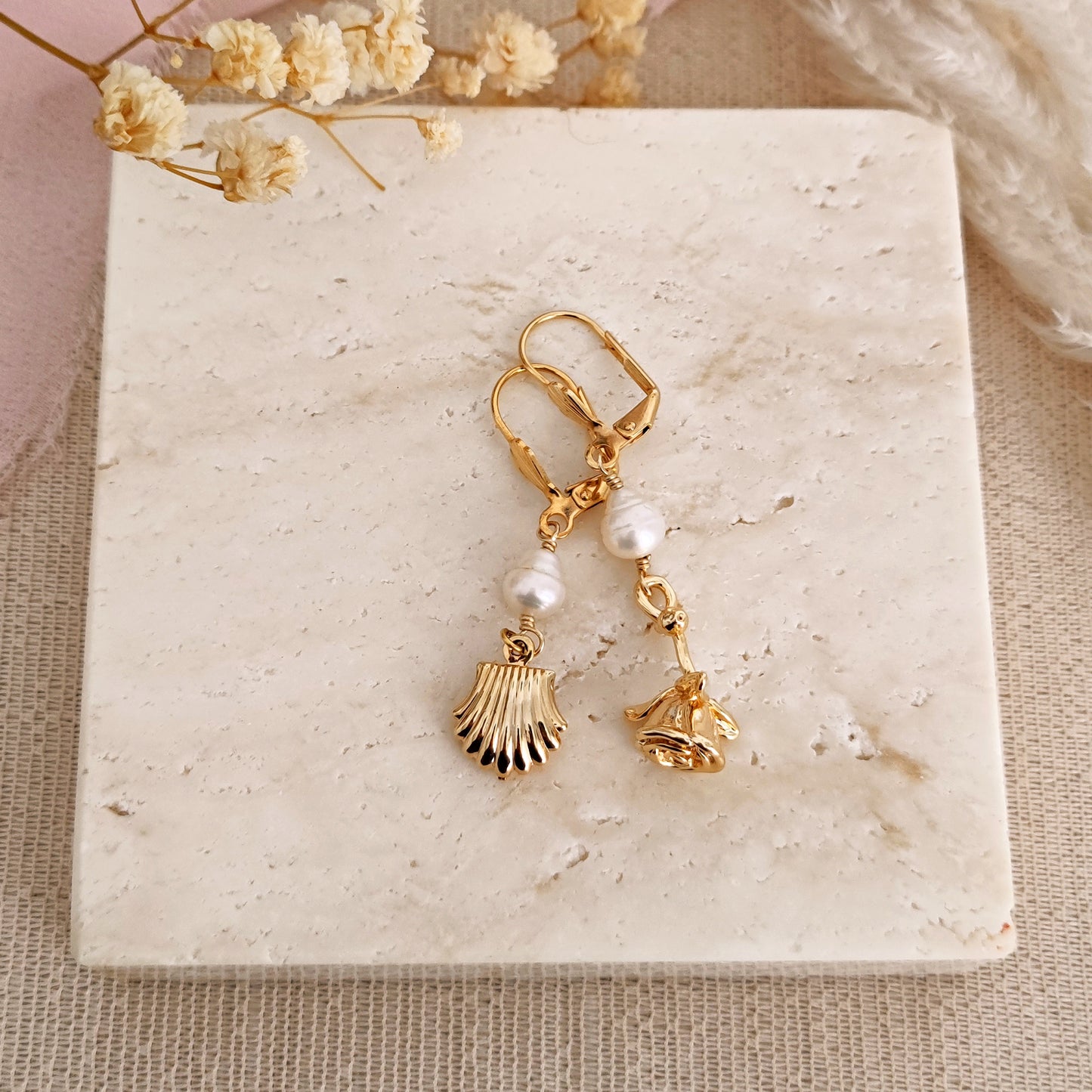 Aphrodite Greek Goddess Freshwater Pearls and Shell Earrings, Greek Mythology Earrings