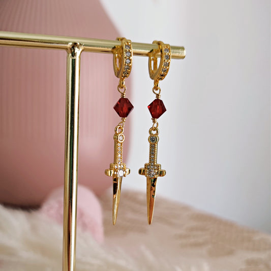 Ares Greek God Ruby Blood Crystals and Daggers Aesthetic Earrings, Greek Mythology Earrings