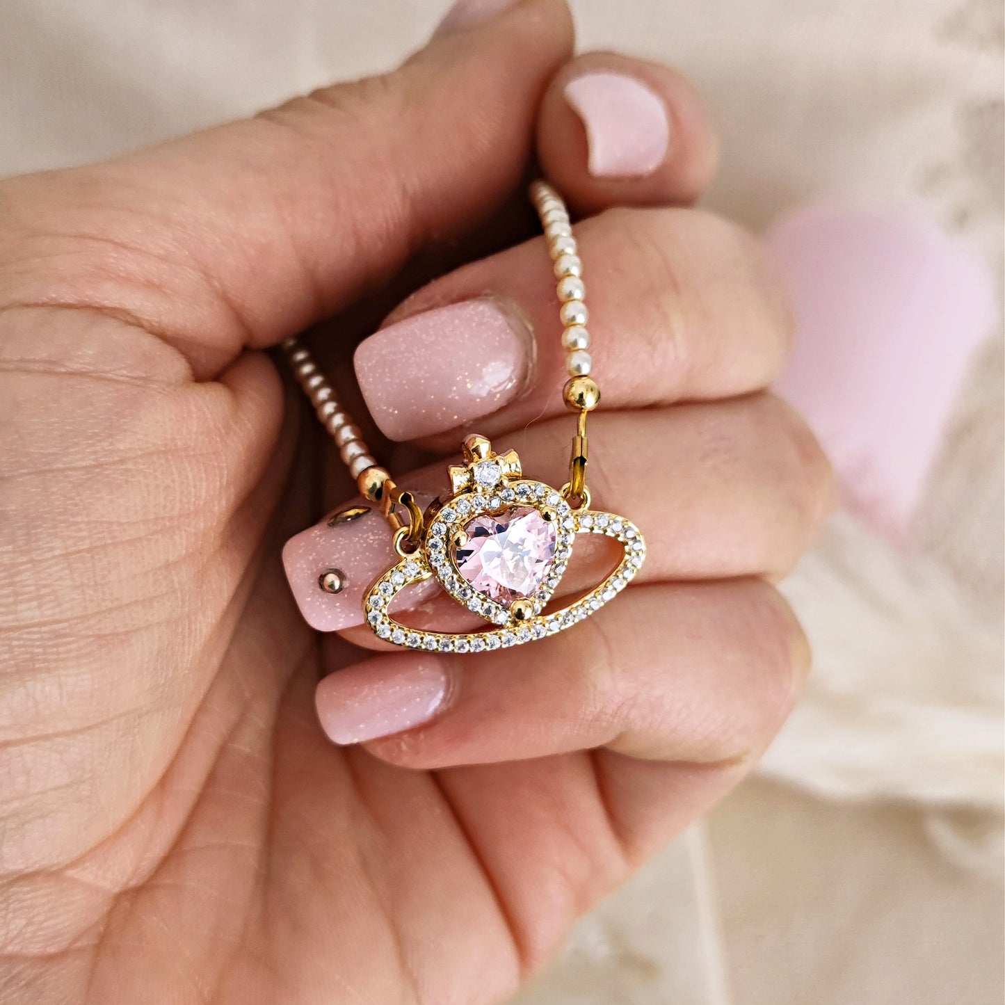Collana Princesscore con perle e Saturno rosa