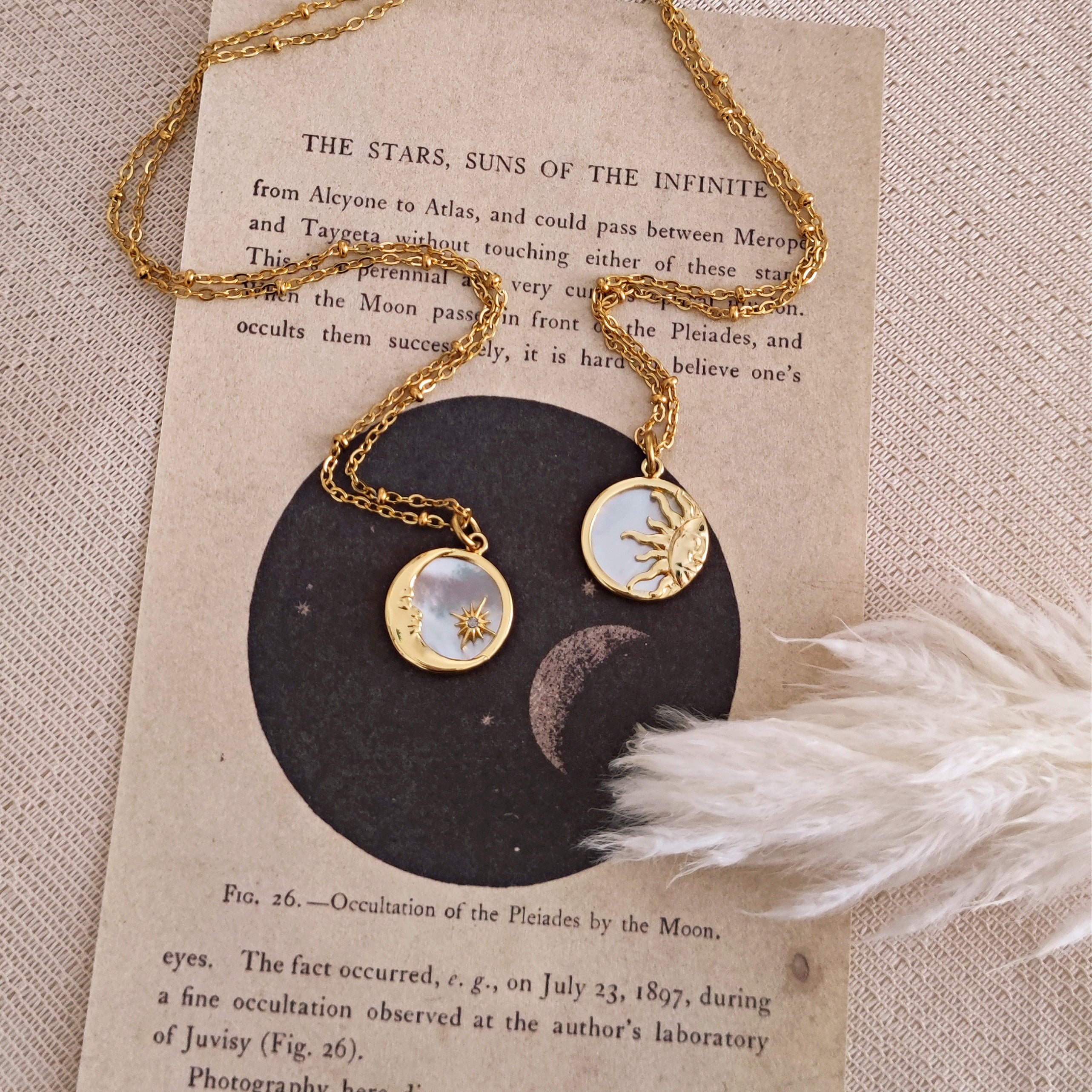 Gold Plated Sun and Moon Pendant Necklaces, Stars & Celestial Necklaces,  Mother of Pearl Dainty Necklace