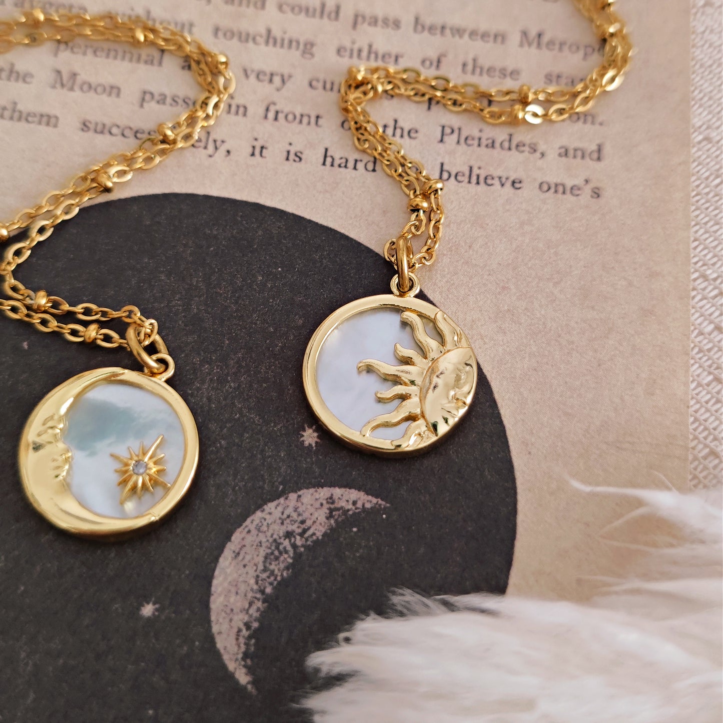 Gold Plated Sun and Moon Pendant Necklaces, Stars & Celestial Necklaces, Mother of Pearl Dainty Necklace 