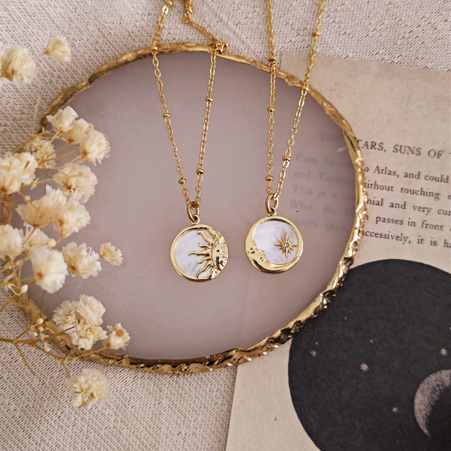 Gold Plated Sun and Moon Pendant Necklaces, Stars & Celestial Necklaces, Mother of Pearl Dainty Necklace 