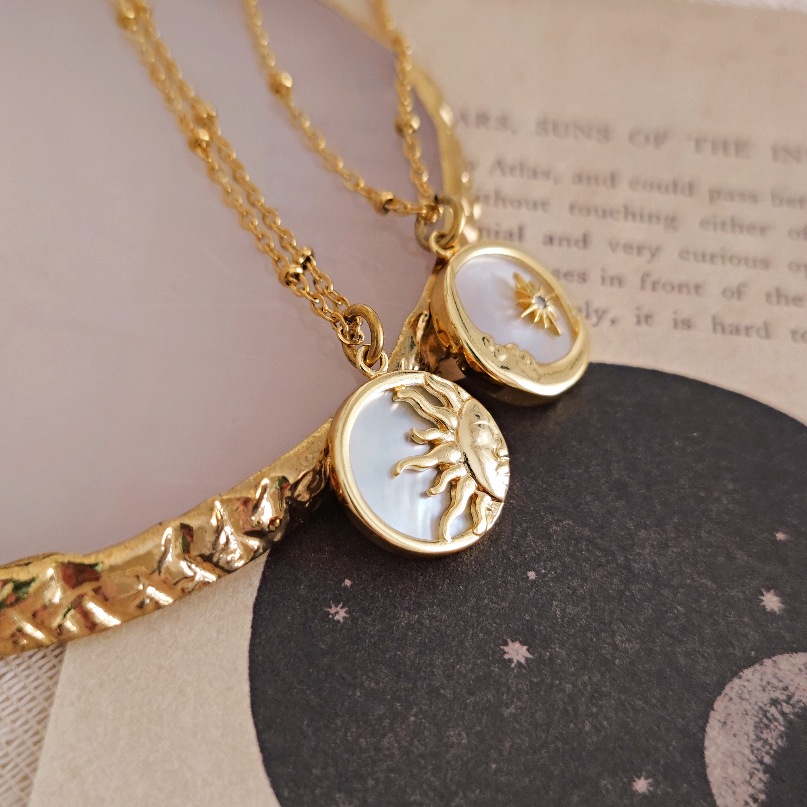 Gold Plated Sun and Moon Pendant Necklaces, Stars & Celestial Necklaces,  Mother of Pearl Dainty Necklace