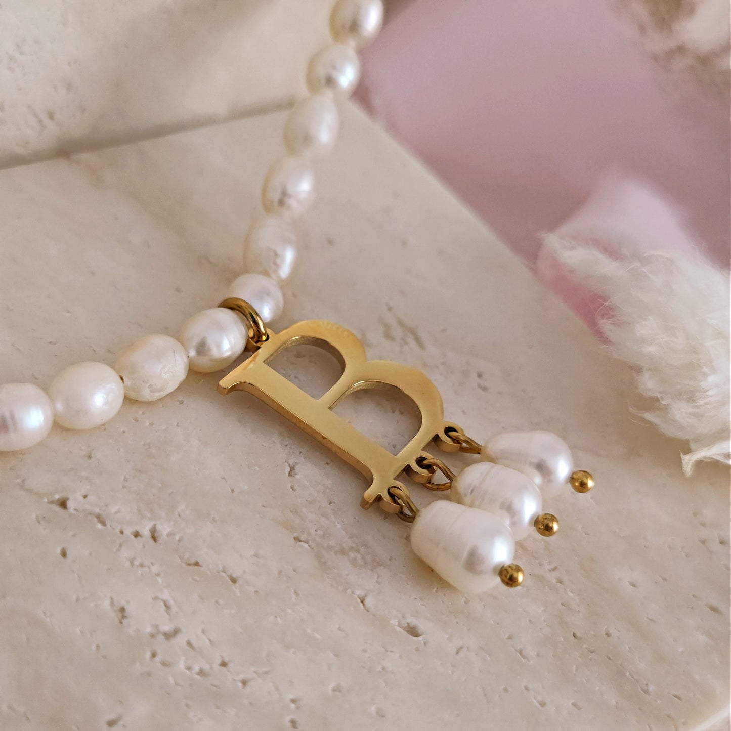 Anne Boleyn "B" initial necklace with freshwater pearls