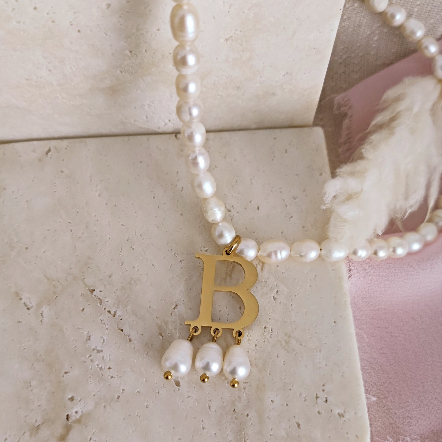 Anne Boleyn "B" initial necklace with freshwater pearls