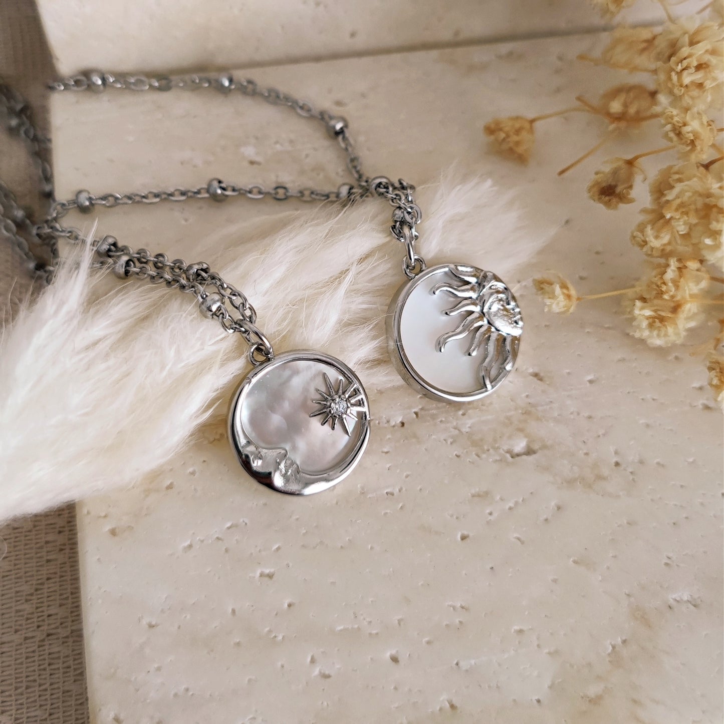 Platinum Plated Sun and Moon Pendant Necklaces, Stars & Celestial Necklaces, Mother of Pearl Dainty Necklace