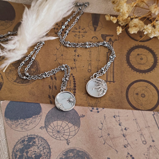 Platinum Plated Sun and Moon Pendant Necklaces, Stars & Celestial Necklaces, Mother of Pearl Dainty Necklace