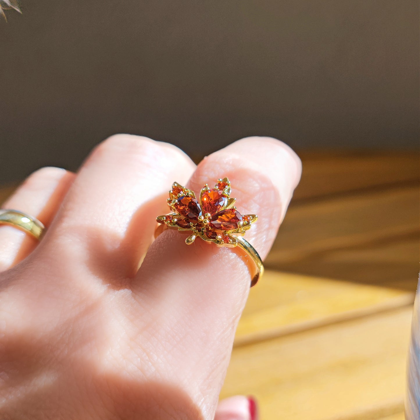 "Magic Maple" Ring, gold plated brass and cubic zirconia