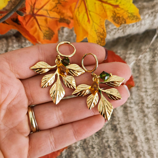 "Woodlands" fae earrings with leaves and crystals