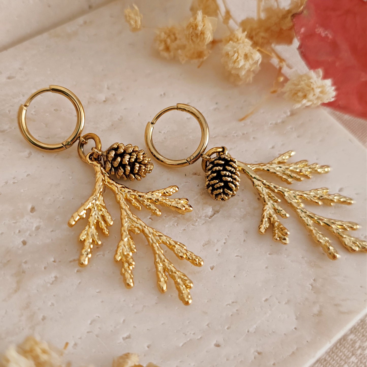 "Pine Forest" earrings with pine tree branches and pine cones