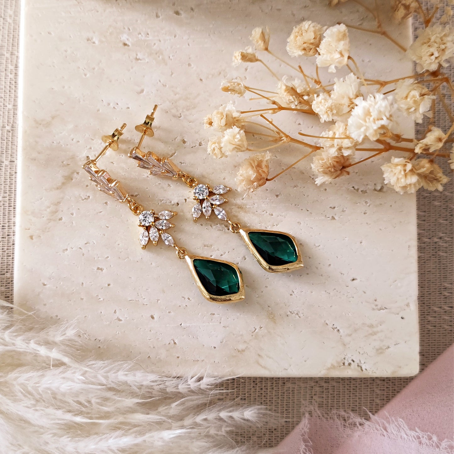 Boho Bridal Earrings, Long Drop Earrings, Art Deco Earrings, Emerald Bridal Earrings, Statement Earrings, Emerald Green Earrings // KATE