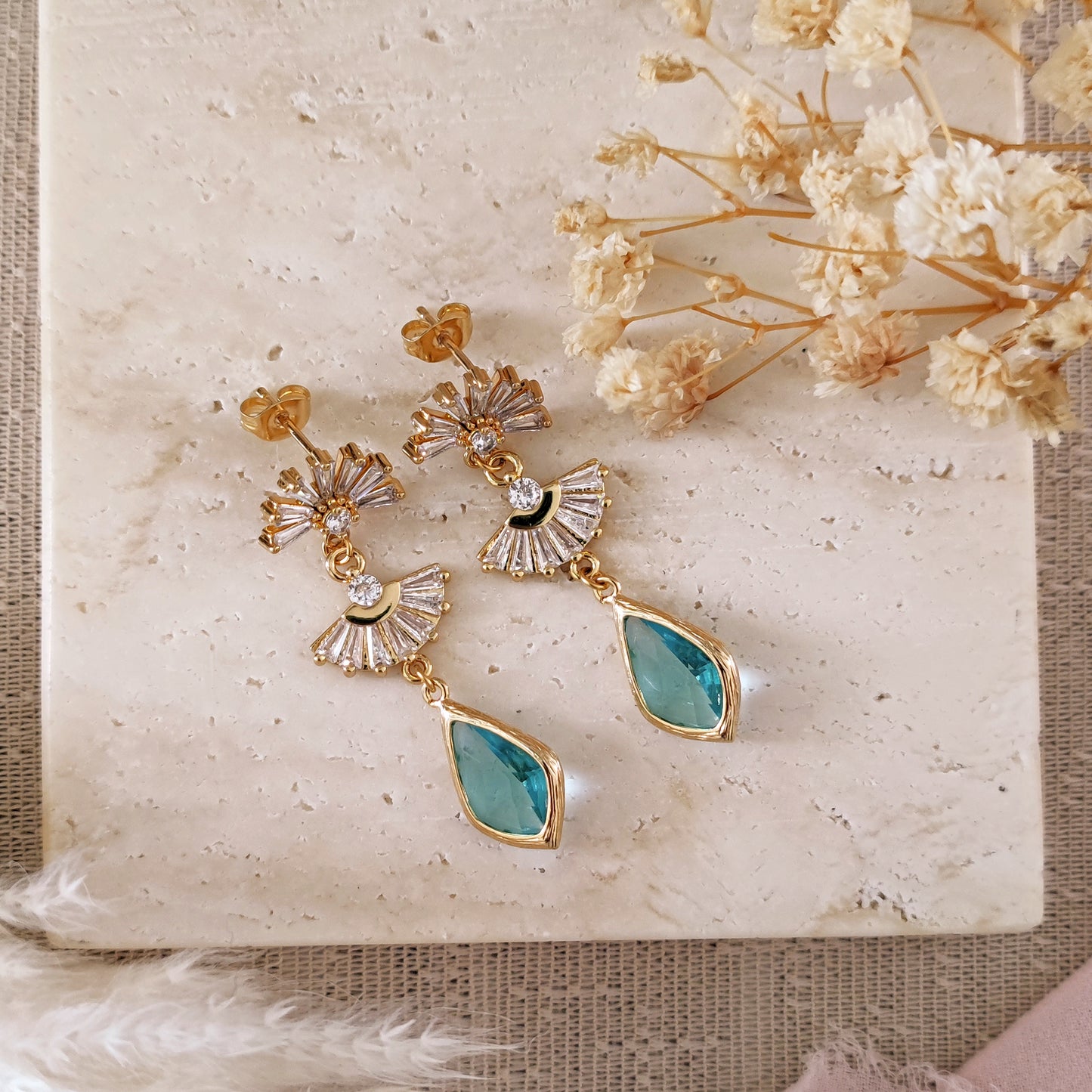Boho Bridal Fan Earrings, Long Drop Earrings, Art Deco Earrings, Light Blue Bridal Earrings, Statement Earrings // DAPHNE