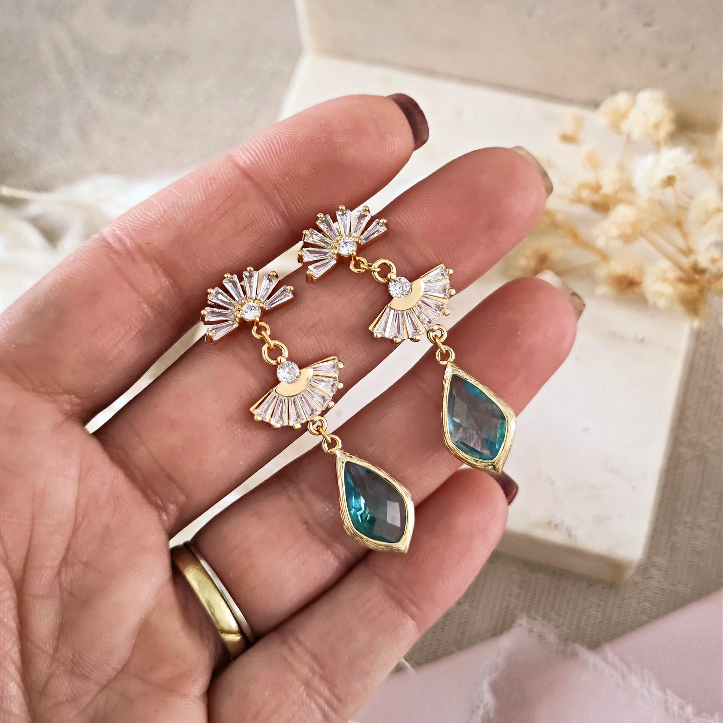 Boho Bridal Fan Earrings, Long Drop Earrings, Art Deco Earrings, Light Blue Bridal Earrings, Statement Earrings // DAPHNE