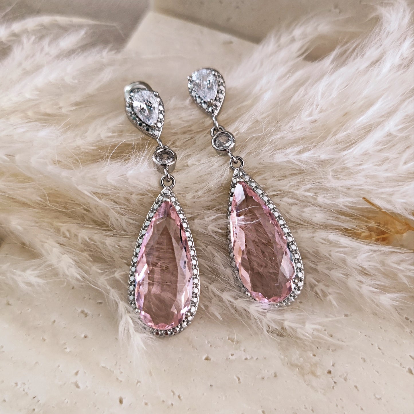 Boho Bridal Light Pink Earrings, Long Drop Earrings, Romantic Aesthetic Earrings, Light Pink Bridal Earrings, Statement Earrings // CLARY