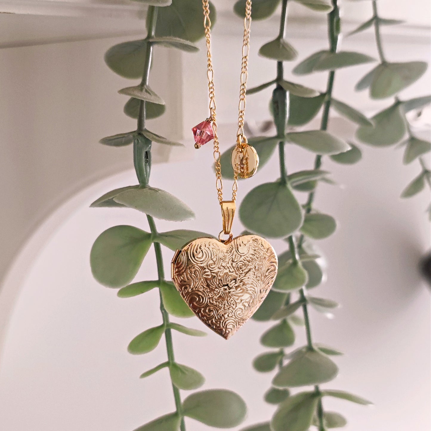 Gold Plated Brass Heart locket necklace, letter initial coin engraved large locket oversized engraved floral heart shaped birthstone
