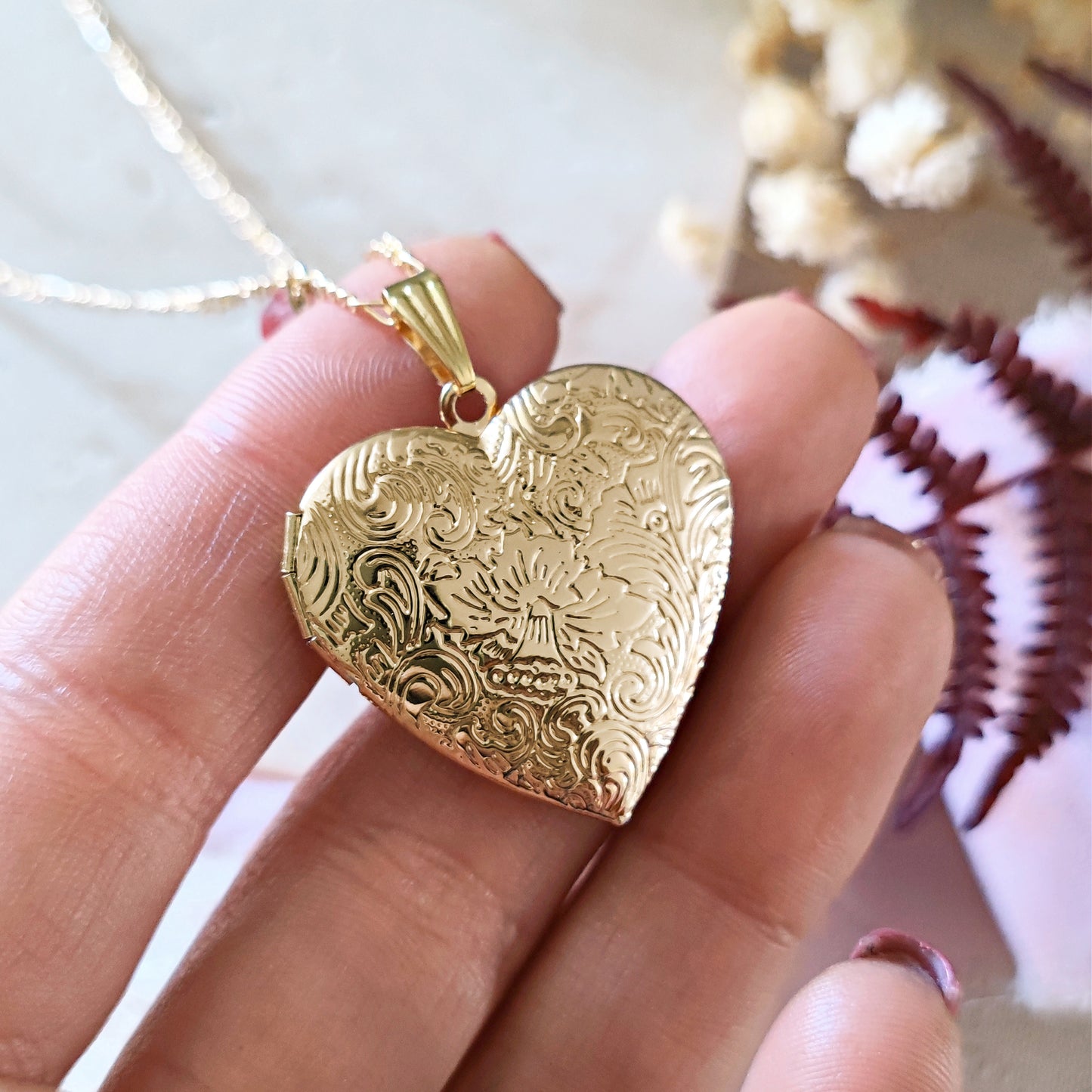 Gold Plated Brass Heart locket necklace, letter initial coin engraved large locket oversized engraved floral heart shaped birthstone