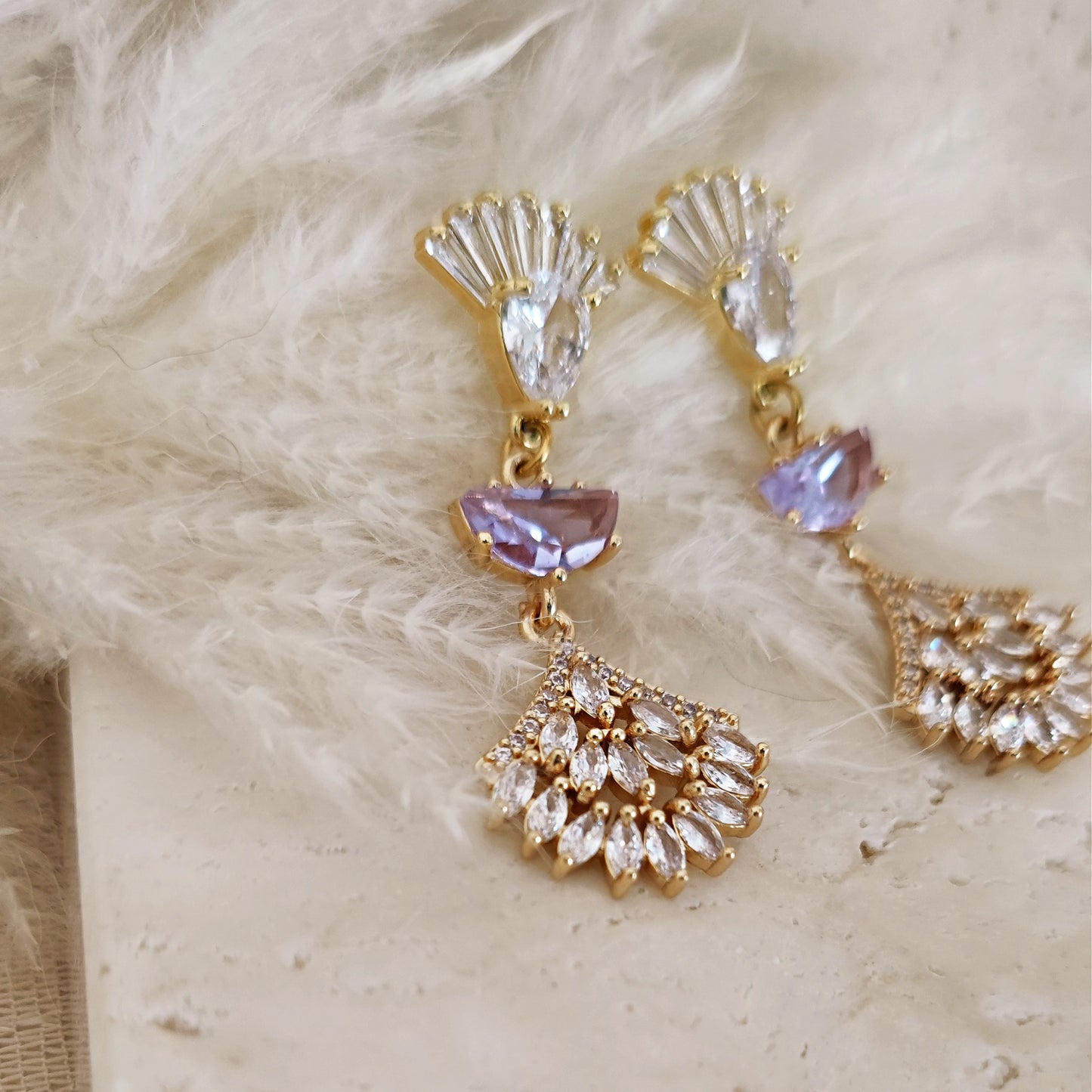 Boho Bridal Purple Earrings, Long Drop Fan Earrings, Art Deco Earrings, Lilac Bridal Earrings, Statement Earrings // MAISY