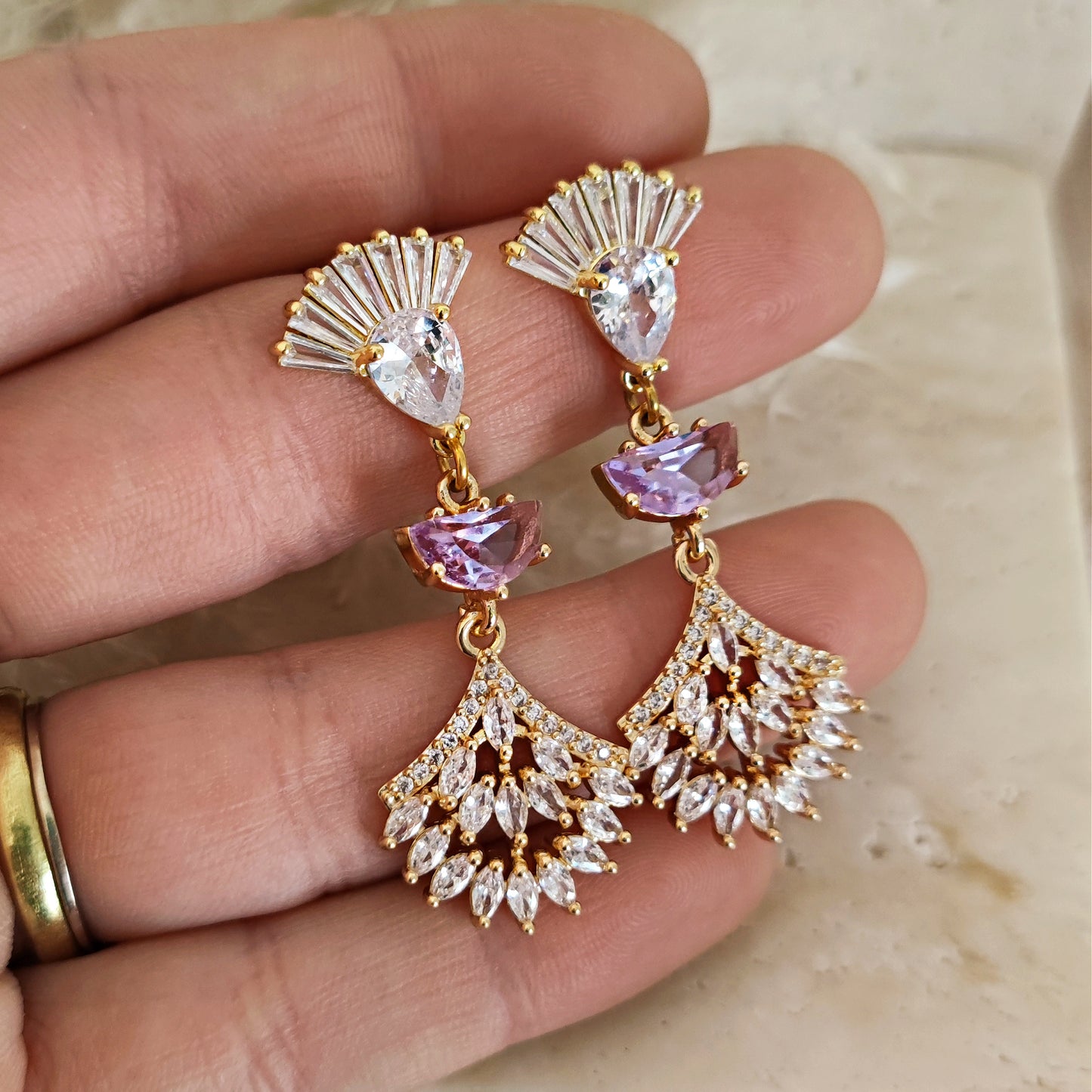 Boho Bridal Purple Earrings, Long Drop Fan Earrings, Art Deco Earrings, Lilac Bridal Earrings, Statement Earrings // MAISY