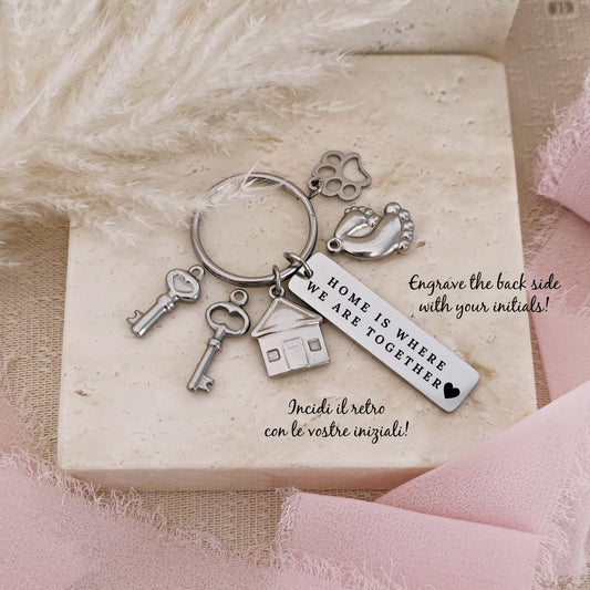 "Home is where we are together" key ring with customizable pendants