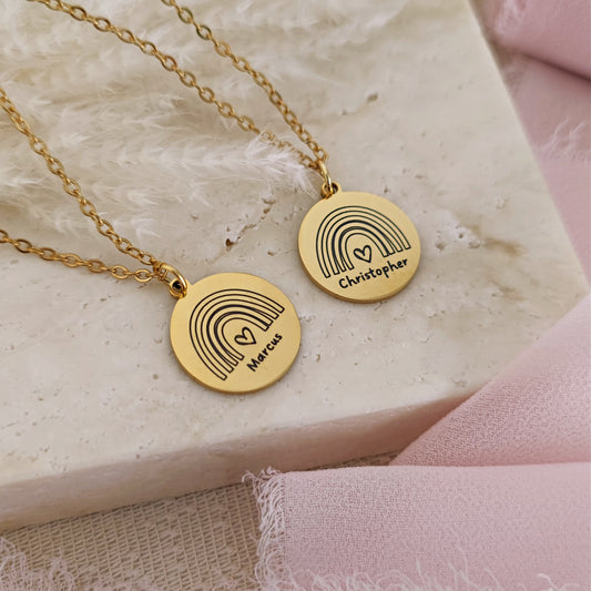 "Love is Love" necklaces with rainbow and personalized name