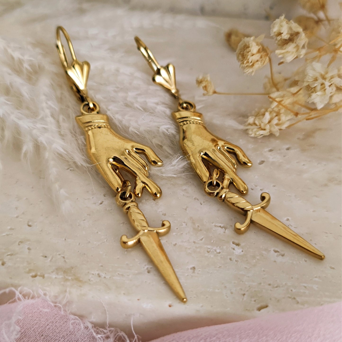 Dark Academia Hand and Sword Earrings, KnightCore Dagger Earrings, Whimsigoth Long Dangle Earrings, Victorian Gothic Earrings