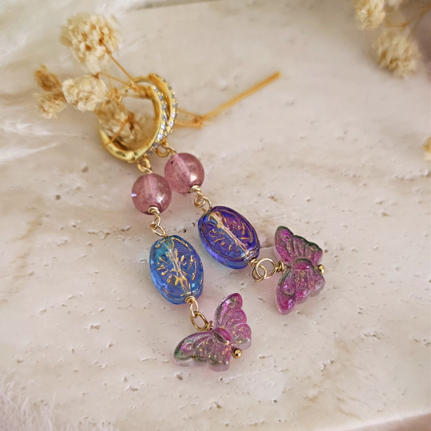 Fairycore Fae Lilac Earrings, Butterfly Fairy Jewelry, Beaded Earrings, Dangle Whimsigoth Earrings, Purple and Blue Romantic Earrings