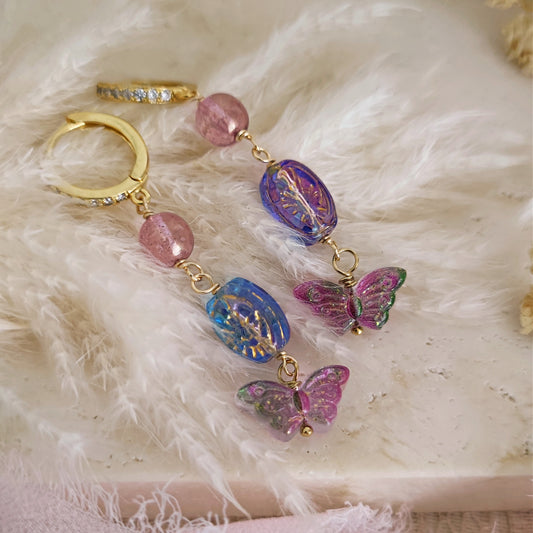 Fairycore Fae Lilac Earrings, Butterfly Fairy Jewelry, Beaded Earrings, Dangle Whimsigoth Earrings, Purple and Blue Romantic Earrings