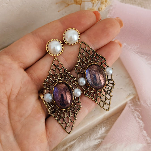 The Tudors Anne Boleyn Diamond Shape Filigree amethyst and pearl Earrings
