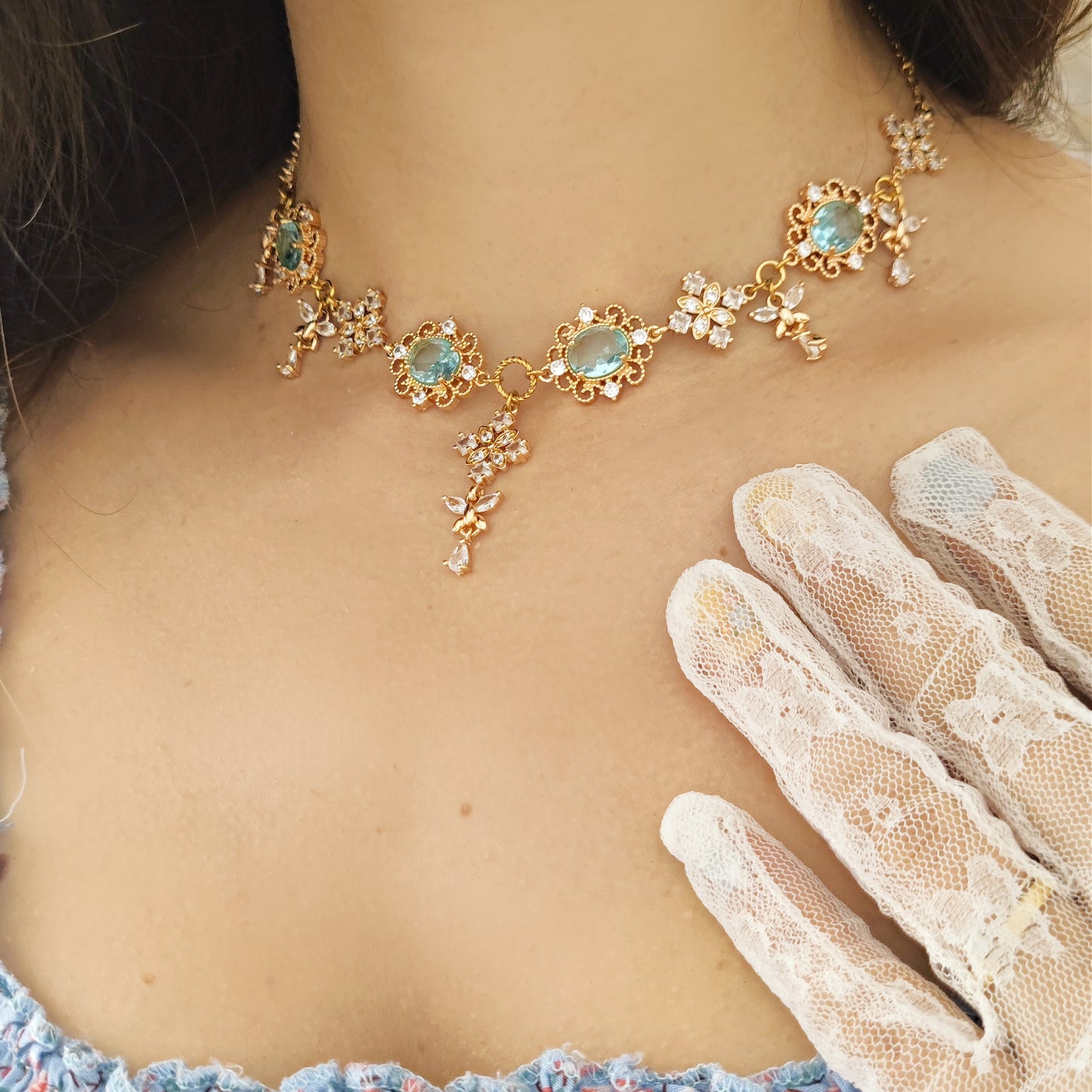 "Eloise" choker necklace with light blue crystals and butterflies