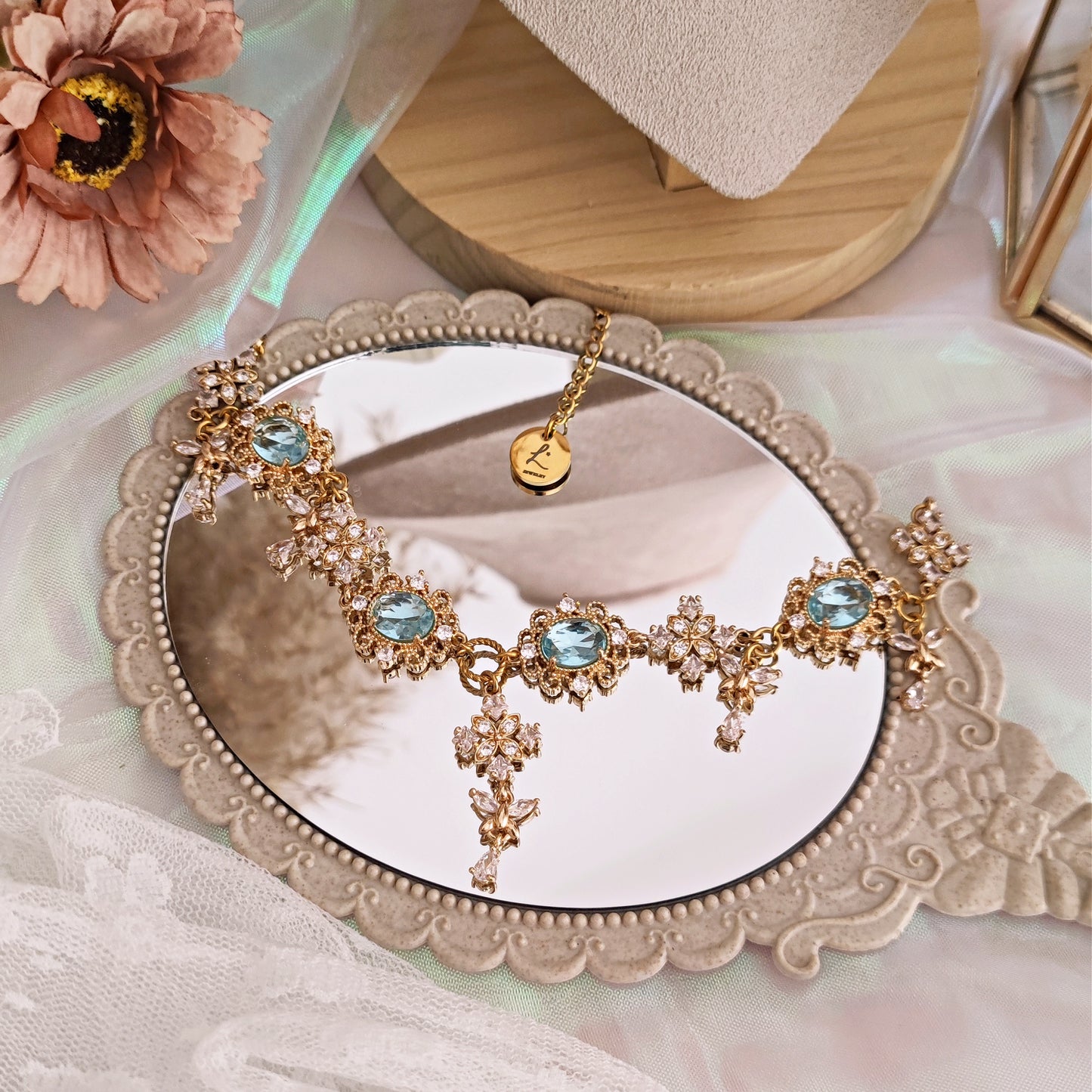 "Eloise" choker necklace with light blue crystals and butterflies