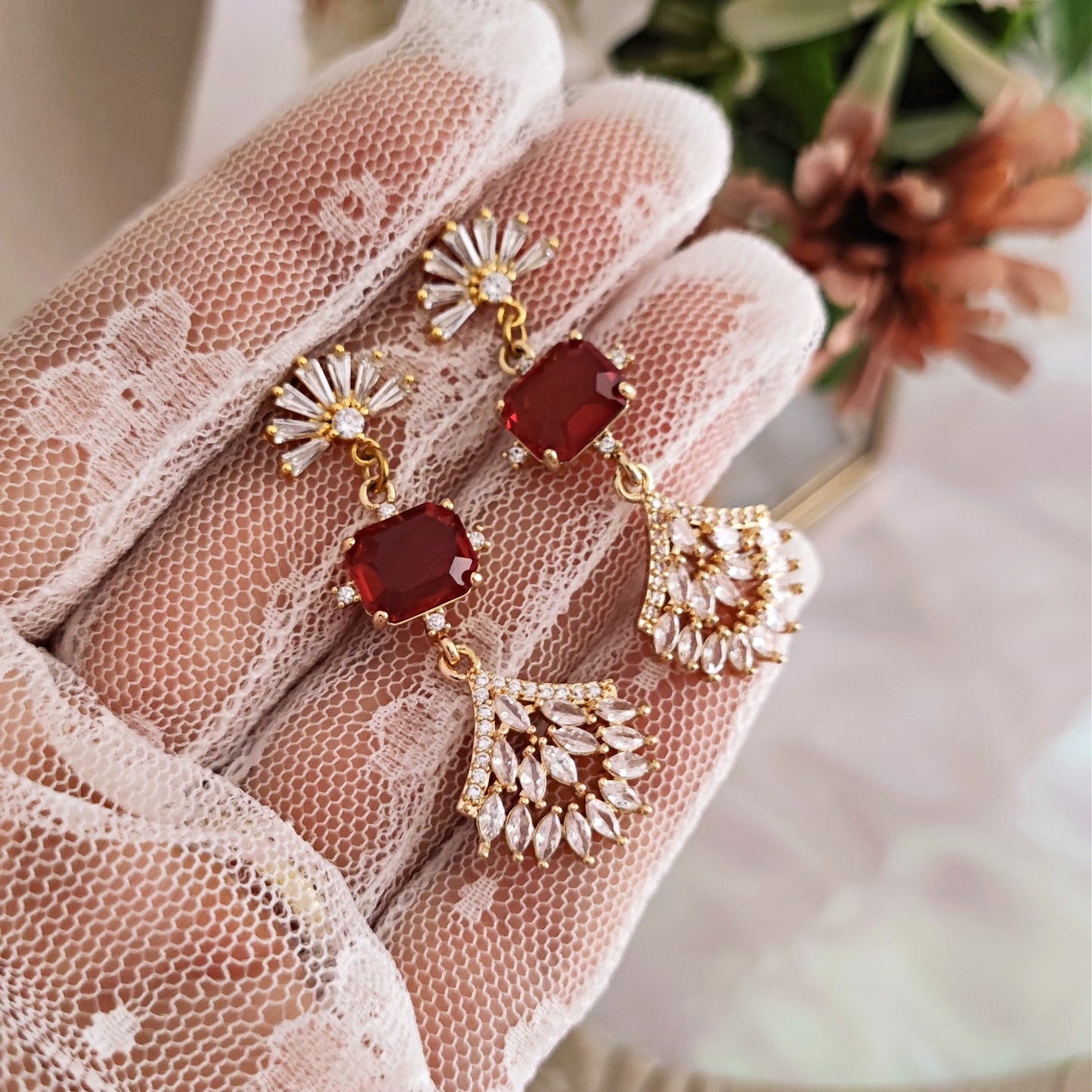 "Cressida" earrings with ruby red crystals and fans