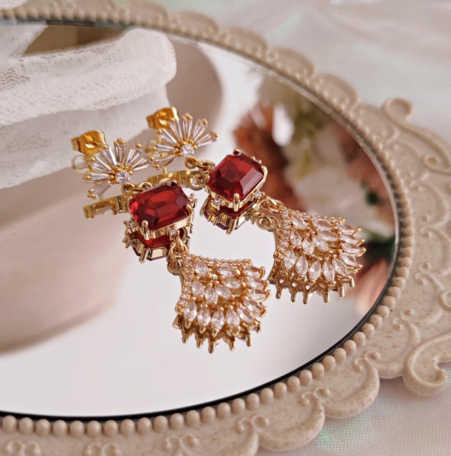 "Cressida" earrings with ruby red crystals and fans