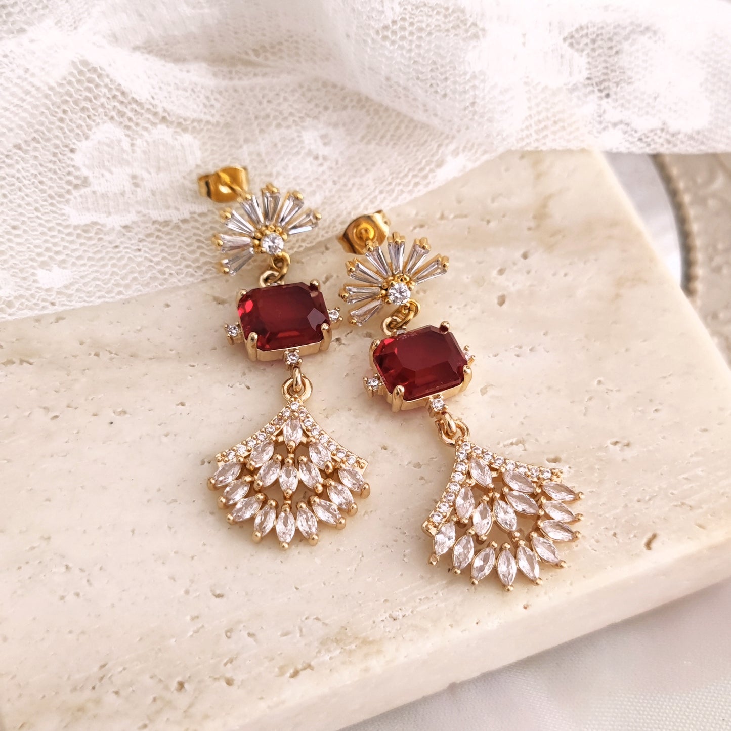 "Cressida" earrings with ruby red crystals and fans