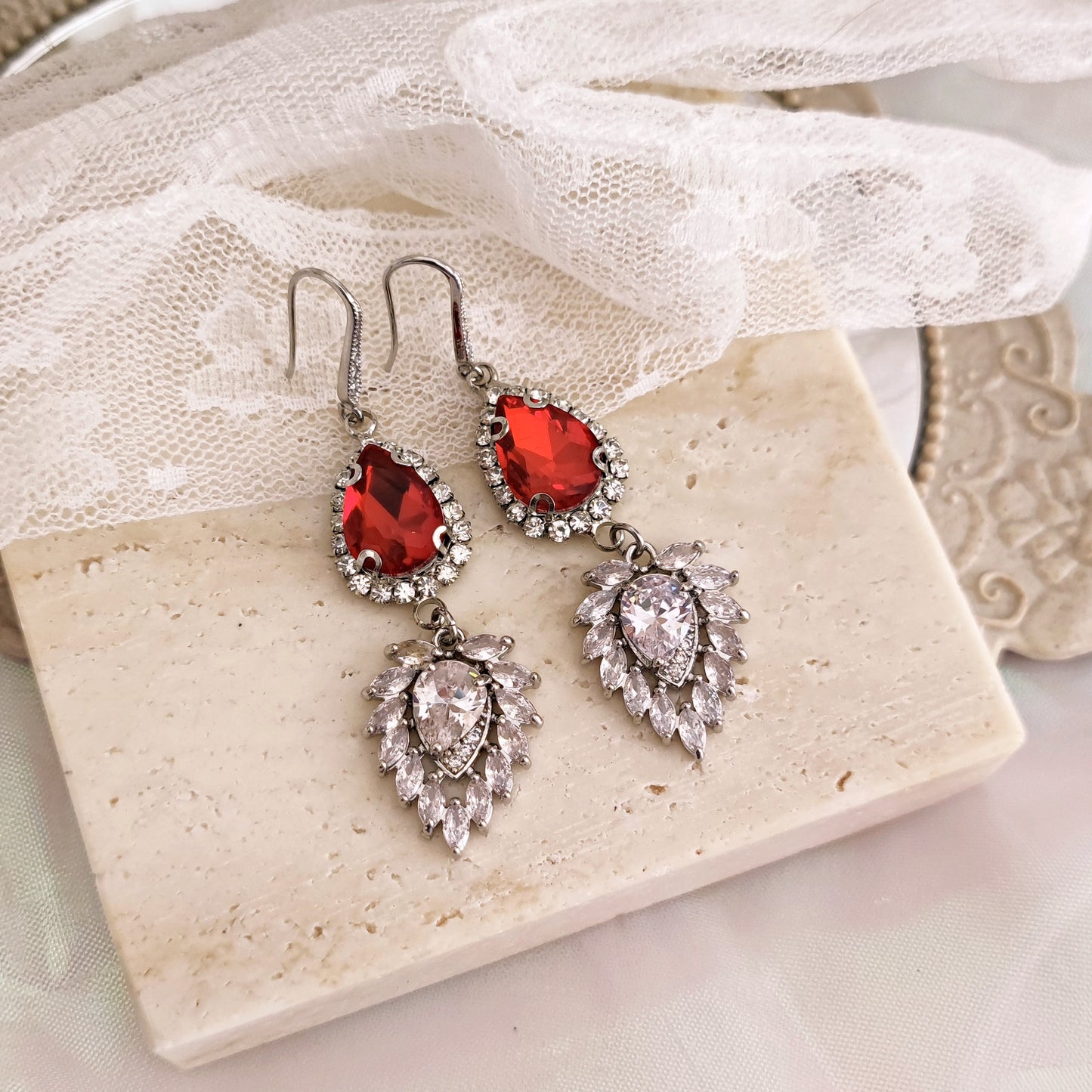 "Agatha" earrings with ruby red teardrop crystals